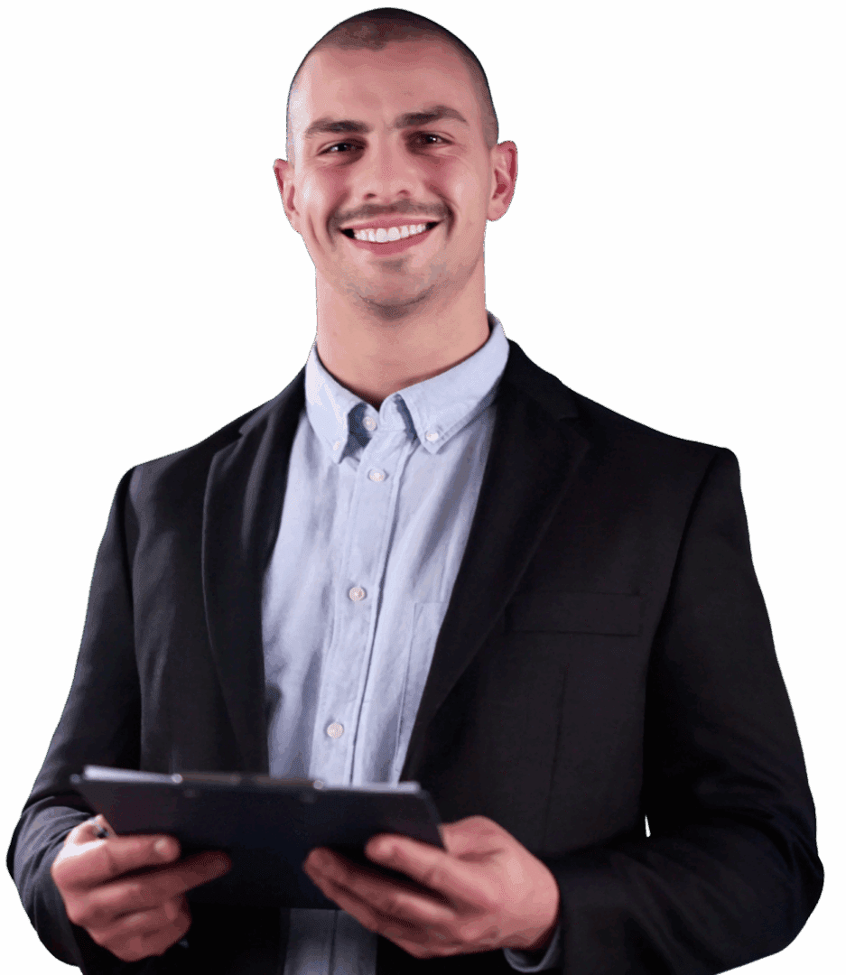 Smiling man in suit holding a tablet.